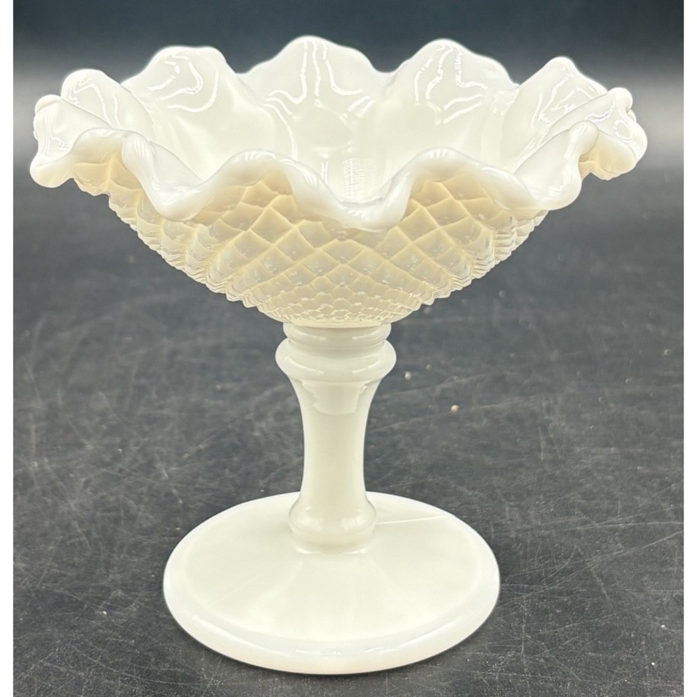 Vintage Hobnail Milk Glass Footed Compote Candy Dish Ruffled Edge